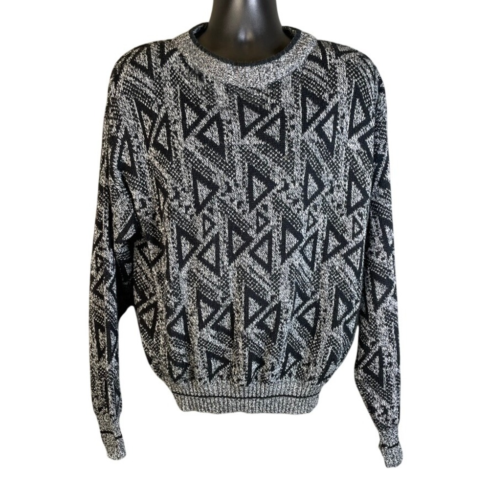 Vintage Chartwell Men's XL Geometric Triangle Knit Sweater Black White Acrylic